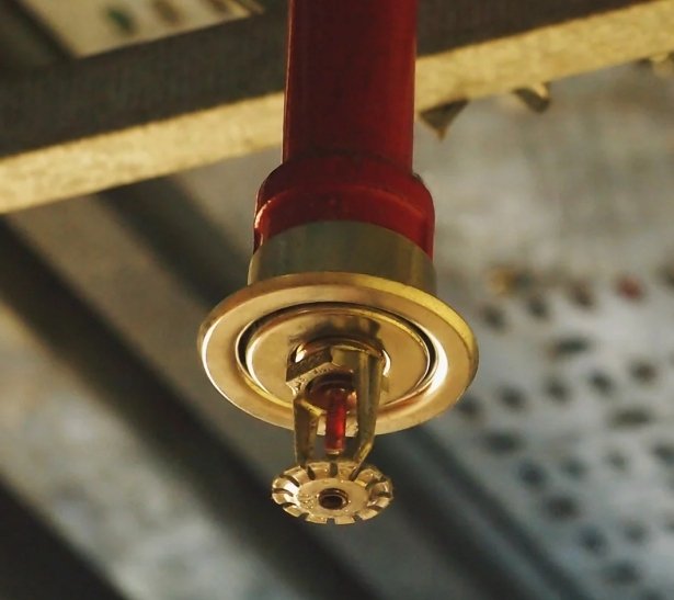 Close-up of an automatic fire sprinkler head connected to red pipework