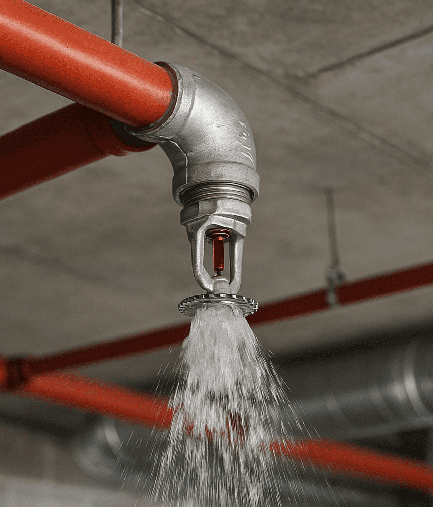 Automatic fire sprinkler head discharging water during activation