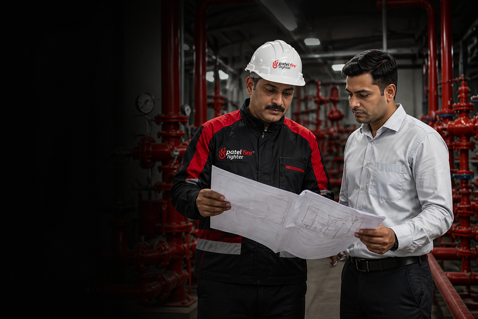 Patel Fire Fighter consultant reviewing a fire-safety layout with an industrial client