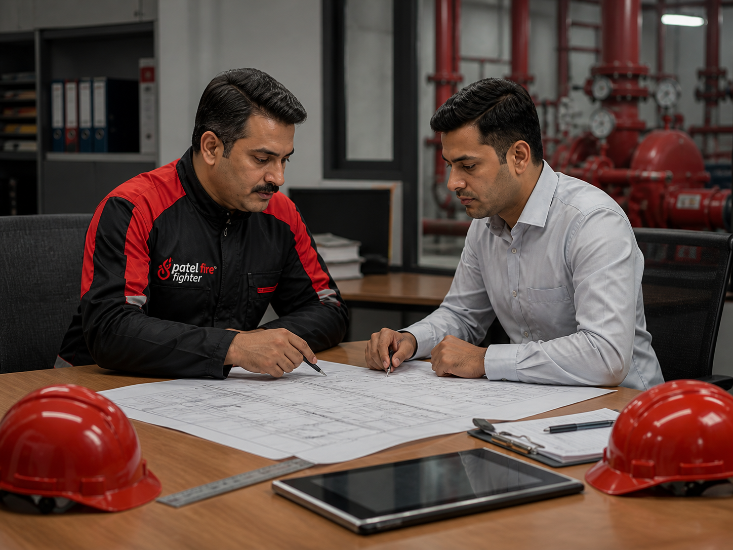 Patel Fire Fighter consultant and client reviewing fire-safety drawings