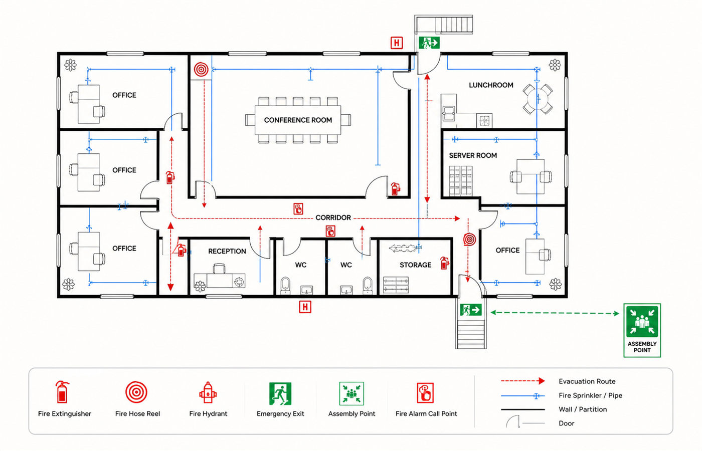 Code-compliant 2D fire-safety layout with evacuation routes and equipment locations