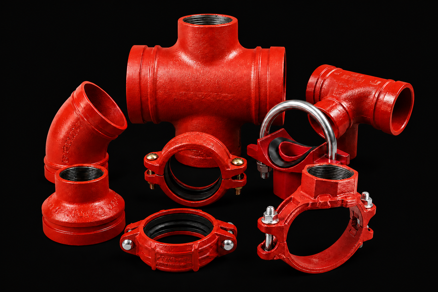 Complete range of Patel Fire Fighter grooved fittings on a black studio background
