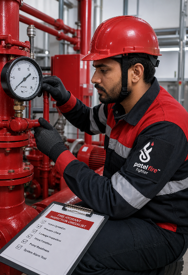 Patel Fire Fighter technician inspecting a red fire piping system