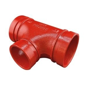 Red grooved reducing tee for branch fire piping connection