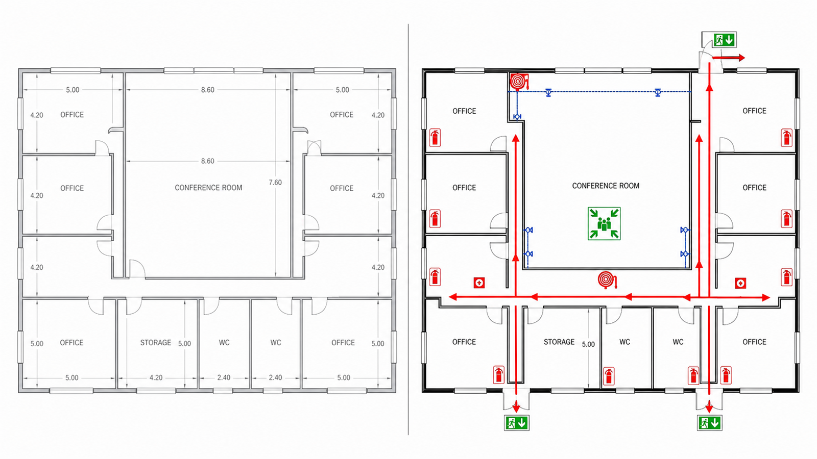 Architectural base drawing compared with the final approval-ready fire-safety plan