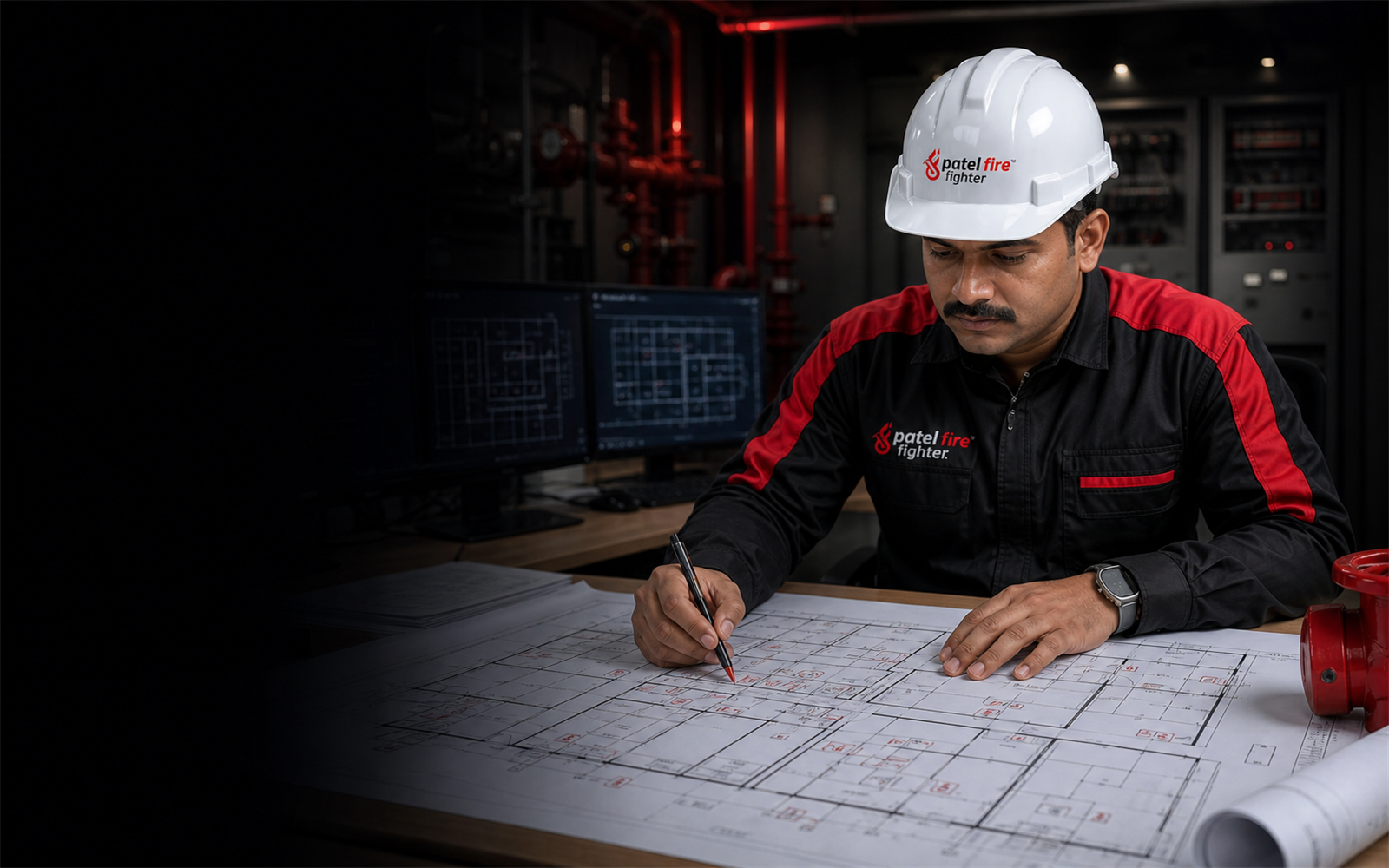 Patel Fire Fighter engineer preparing a 2D fire-safety plan in an industrial control room